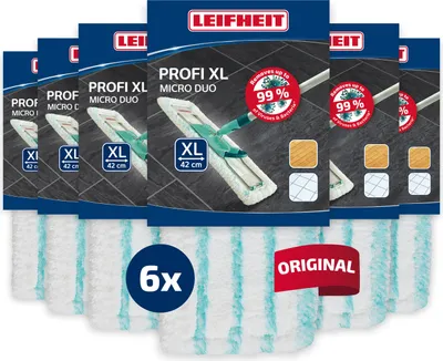 A product shot of multiple packages of Leifheit Profi XL Micro Duo mop heads.