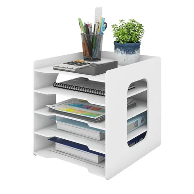 Produktbild von Holz Briefablage für Büro, Dokumentenablage, 5-Tier Schreibtisch Organizer Holz, Papierablage Weiß, Ablagefächer Stapelbar, Briefschublade, 31x23x28cm
