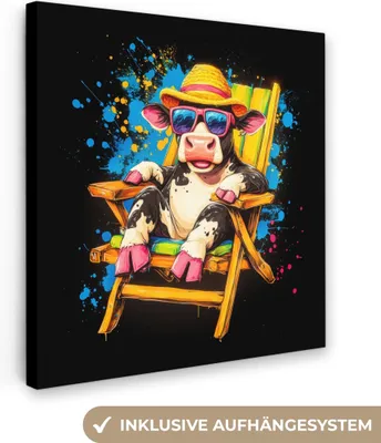 Produktbild von MuchoWow® - Leinwandbilder - Graffiti - Sommer - Kuh - Lustig, Wandbild, Wanddeko Bilder Wohnzimmer, 90x90 cm