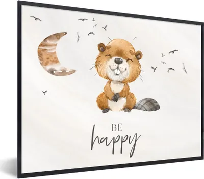 Produktbild von MuchoWow® Gerahmtes Poster Zitate - Glücklich sein - Kinder - Mond - Biber - Aquarell 40x30 cm - Poster mit Schwarzem Bilderrahmen Wandposter Rahmen Foto Bilder - Kunstposter - Wanddekorationen