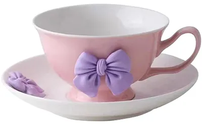Obrázek produktu pro Sada šálků s podšálky, objem 200 ml, porcelán, růžová a fialová barva, s motivem mašle, keramika