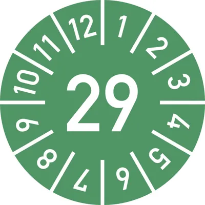 Produktbild von Dreifke® Prüfplakette Jahr 29 mit Monaten, grün, Folie-Spezialkl., Ø 25 mm, 1...
