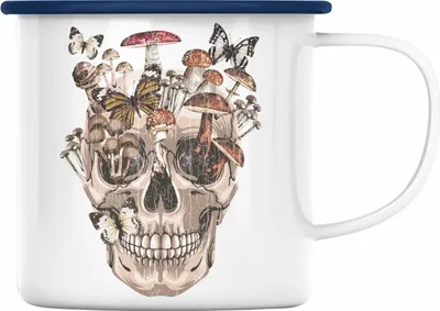Produktbild von Trendation - Totenkopf Emaille Tasse Geschenk Pilzsammler Pilze Frauen Damen Tattoo Geschenkidee (Blau)