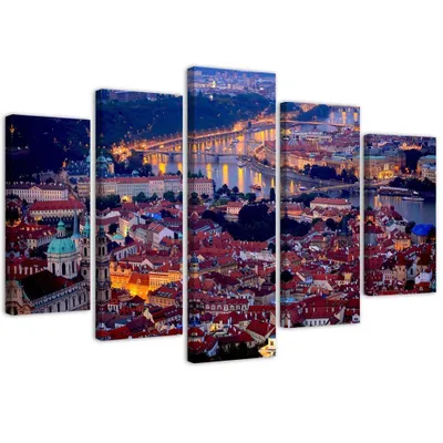 Produktbild von 5-teiliges leinwandbild prag in der abenddämmerung 200x100 cm Feeby lila wandbild bereit zum aufhängen