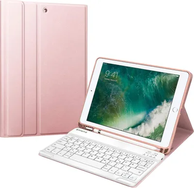 Produktbild von Fintie Tastatur Hülle für iPad 9.7 2018 (6. Generation), Soft TPU Rückseite Gehäuse Keyboard Case mit eingebautem Pencil Halter, magnetisch Abnehmbarer QWERTZ Bluetooth Tastatur, Roségold