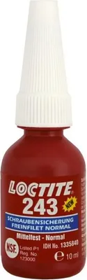 A close-up studio shot of a small red bottle of Loctite 243 threadlocker.