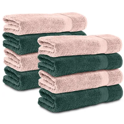 Produktbild von Komfortec 8er Handtücher 50x100 cm Set aus 100% Baumwolle, 470 g/m², Frottee, Weich, Dunkelgrün/Rosa