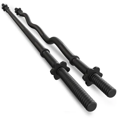 Two black barbells, one straight and one EZ-curl, are shown on a white background.