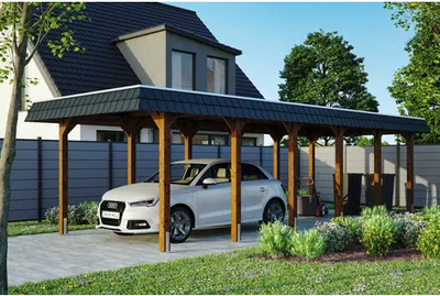 Produktbild von Einzelcarport SKAN HOLZ Spreewald schwarze Blende inkl. Pfostenanker 345 x 893 cm nussbaum