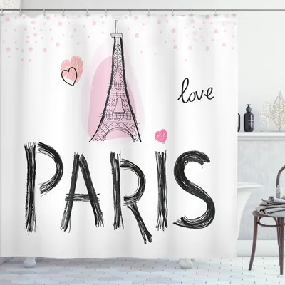 Image de ABAKUHAUS Rideau de douche Tour Eiffel, typographie et bâtiments de Paris dessinés à la main, 175 x 240 cm, rose pâle et gris foncé