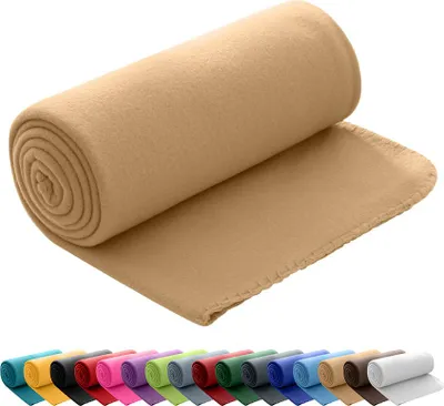 A rolled-up beige fleece blanket is shown diagonally against a white background. Below it, a row of rolled-up blankets in various colors is displayed.