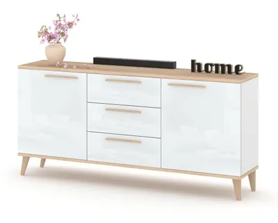 Produktbild von Kommode mit Schubladen Fernsehschrank HANA 3S Golden Sonoma Eiche/Weiß Hochglanz 150cm