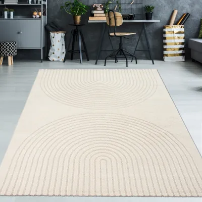 Produktbild von Wohnzimmer Schlafzimmer Teppich Hoch- Tiefeffekt Bogenmuster Creme Größe - 140 x 200 cm