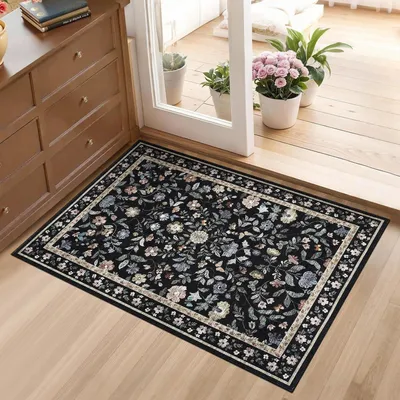 Obrázok produktu pre Podlahová rohož 60 x 100 cm, umývateľná, protišmyková, s kvetinovým vzorom, čierna