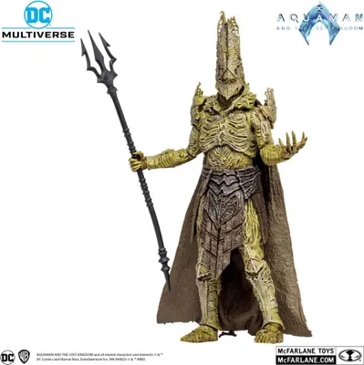 A McFarlane Toys DC Multiverse action figure of King Kordax from Aquaman and the Lost Kingdom, standing with a trident.