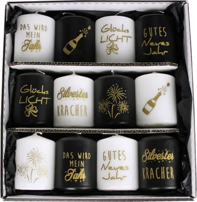 Produktbild von INNA-Glas Silvester Stumpenkerzen OVILA, 12 Stück, schwarz-weiß-gold, 8 cm, Ø6 cm -  Germany - Votivkerze