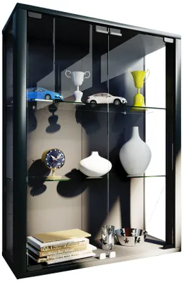 A display cabinet filled with various decorative items.