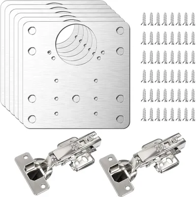 Produktbild von Simpeak 6 Stück Schrankscharnier Reparaturplatte, Edelstahl-Reparatur-Stützplatten mit Schrauben + 2 Scharnieren, Scharnierloch-Stützsatz für Schrankmöbel Türen Schränke Regale Schränke Holzregale