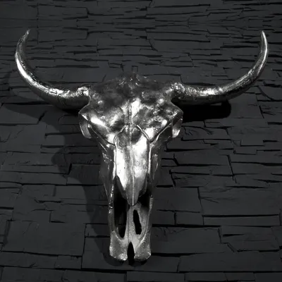 Produktbild von cagü: XL Design Deko Stierschädel [RODEO] Silber aus poliertem Aluminium 73cm x 63cm inkl. Befestigungsmaterial, Echter Wohnaccessoire Designklassiker!