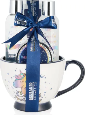 Produktbild von BRUBAKER Cosmetics 5-tlg. Einhorn Beauty Set Colorful Rainbow mit Vanille Lavendel Duft in XXL Kaffeebecher Blau Weiß