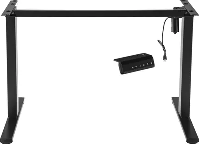 A black electric standing desk frame with a control panel and cable.