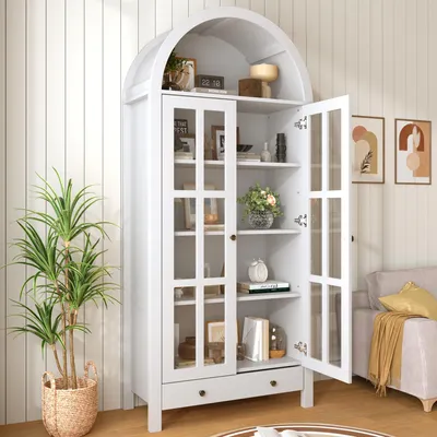 Produktbild von okwish Bogenförmiger Hochschrank mit Vitrinentüren und Schublade, Küchenschrank mit höhenverstellbaren Einlegeböden, offener Stauraum,Weiß