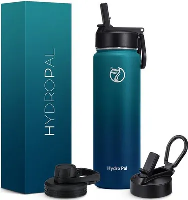 Productafbeelding van Geïsoleerde, lekvrije sportfles van roestvrij staal - 750 ml, 1 liter, 1,2 liter, BPA-vrij, geschikt voor koolzuurhoudende dranken, geïsoleerde fles met grasstengelmotief en 2 schroefdopjes, groen/donkergroen, 750 ml