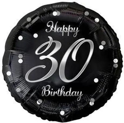 Produktbild von Folienballon Happy 30th Birthday, schwarz mit silbernem Aufdruck, 46 cm