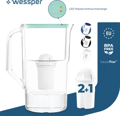 Obrázok produktu pre Filtračná kanvica Wessper 3,3 l s počítadlom LED Classic filtračná karafa kompatibilná s filtrom Brita Classic - mentolová | 3x filtre v balení