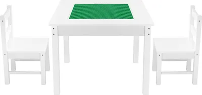 Obrázek produktu pro SucceBuy dětský stůl 650 x 650 x 532 mm s tabulkou aktivit a 2 židlemi, stůl ze stavebnic s nosností až 150 kg, oboustranná deska stolu, dřevěný hrací stůl s úložným prostorem, vhodný jako dárek pro děti od 3 let, bílý