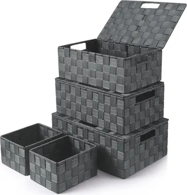Obrázok produktu pre Úložné boxy s vrchnákom 34 cm, 5 ks, stohovateľné, do kúpeľne