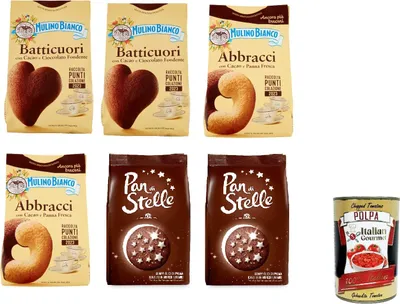 Produktbild von Testpaket Mulino Bianco Batticuori Pan di stelle Abbracci Cocoa Shortbread Kekse mit Kakao, 6x 350g + Italian gourmet polpa 400g