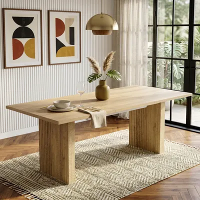 Produktbild von Ausziehbarer Esstisch 140–200 x 90 cm, rechteckig, für 6–8 Personen, 3 cm starke MDF-Tischplatte, synchron bewegliche Lamellenbeine, Eichenfarbe