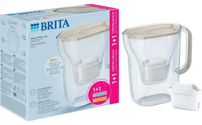 Imagen del producto de Brita Style Essential, color arena, incluye 1 cartucho todo en uno y 1 cartucho adicional para eliminar la cal