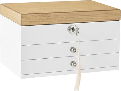 Productafbeelding van Sieradenkist met spiegel - Sieradenkast met 3 lagen en 2 lades - Afsluitbaar - MDF - Wit en houtkleur