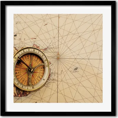 Produktbild von Bild - 50 cm x 50 cm - MDF - Rahmen, Wandkunst - Kompass auf der Karte
