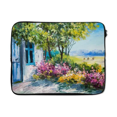 Produktbild von MuchoWow® Laptop Hülle 17 Zoll Laptoptasche Malerei - Pflanzen - Blumen - Haus - Öl - Zipper - Schutzabdeckung