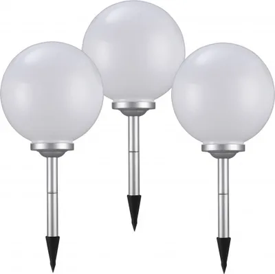 Three white globe-shaped solar lights with silver stems and black pointed bases, presented against a white background.