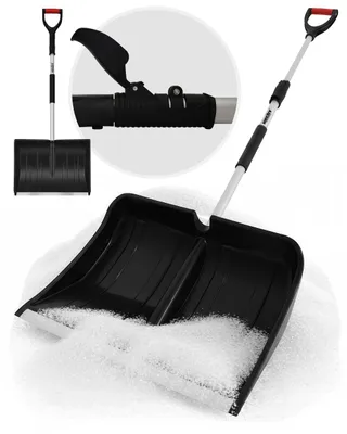 A snow shovel is shown in snow, with a close-up inset of its handle mechanism.
