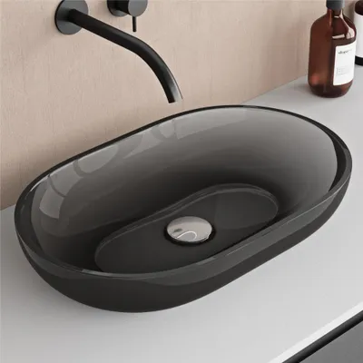 Image de doporro Vasque à Poser Ovale Petit Lave Mains Lavabo 54x34x10,5cm Gris en Résine Transparente Salle de Bain WC Invités Coloria03