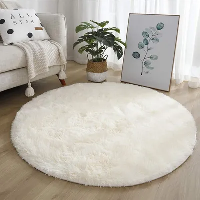 Obrázek produktu pro Kulatý, huňatý koberec, měkký, plyšový, s protiskluzovou podložkou, průměr 160 cm, bílý