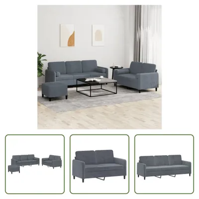 Produktbild von The Living Store 3-tlg. Sofagarnitur mit Kissen Dunkelgrau Samt