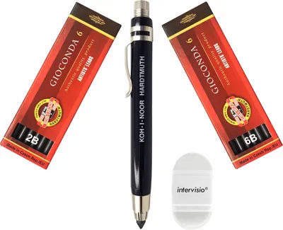Produktbild von Koh-I-Noor 5359 Mechanischer Fallminenstift 5,6 mm - Metallminenhalter mit Graphitminen Set 4865 2B und 6B und intervisio Bleistiftspitzer mit Radiergummi - für Schule Büro Schriftsteller Künstler