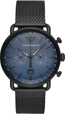 A close-up, front-facing studio shot of a black Emporio Armani chronograph watch with a blue dial.