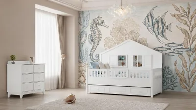 Image de Ensemble de chambre pour enfant blanc, comprenant un lit cabane et une commode, pour un style élégant