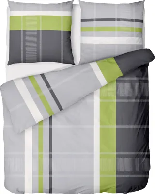 A top-down view of a duvet cover and two pillowcases with a plaid pattern.