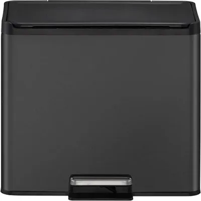 A front view of a black rectangular pedal trash can.