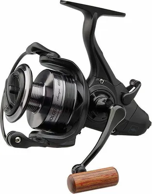 A black fishing reel with a wooden handle is shown against a white background.