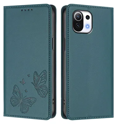 Obrázek produktu pro Kožené pouzdro pro Xiaomi Mi 11 Lite, motýlí ražbou, peněženkové flip pouzdro se stojánkem Zelená