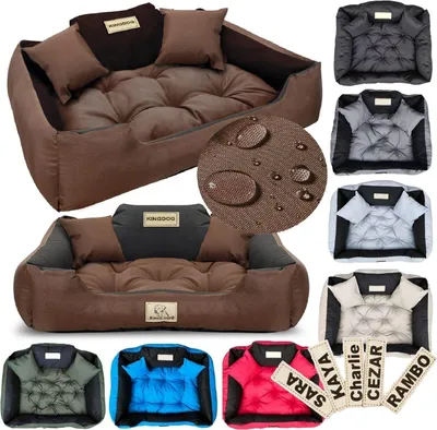 A collage of dog beds in various colors and a close-up of the fabric with water droplets. There are also personalized name tags.